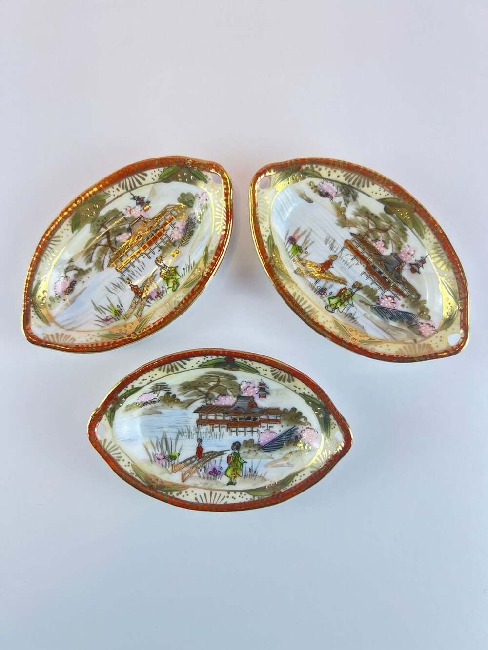 Antique Nippon Moriage Nut Dishes Set of 3 Hand Painted Pagoda Maple Leaf Mark